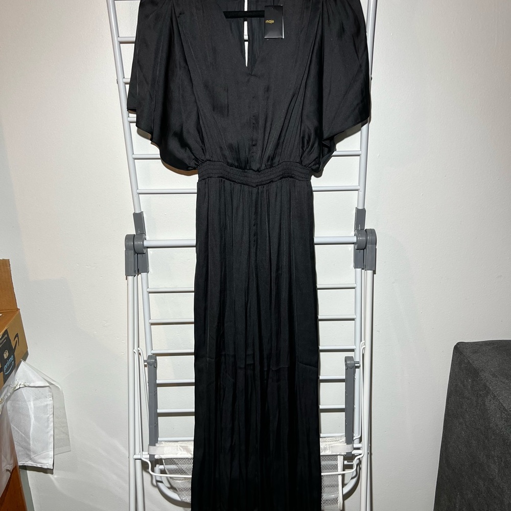 Maje Black Pleated Ruched Jumpsuit V-neck